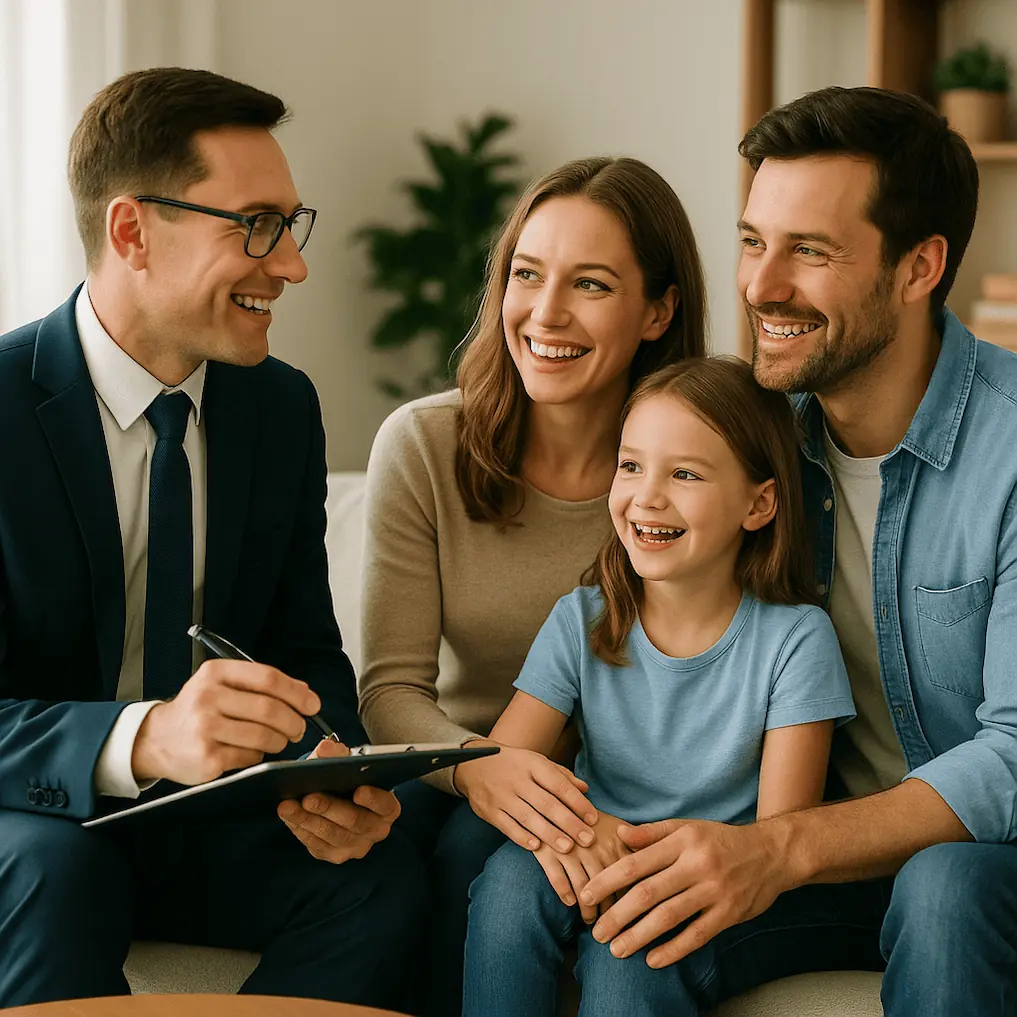 conseiller lamal Famille souriante conseillée par un expert en assurance santé en Suisse